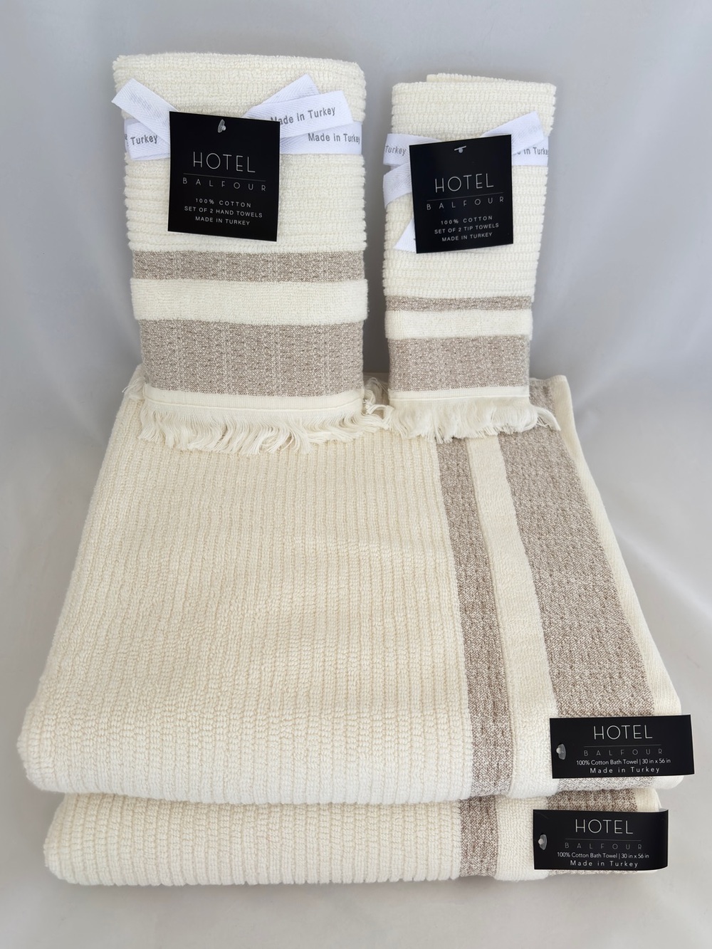 NWT 6Pc Hotel Balfour Turkish Cream Beige Bath Towel Set Made in Turkey Spa